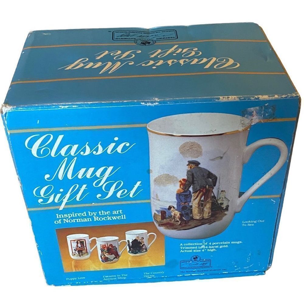 Vintage NIB NEW Norman Rockwell Coffee Cups Mugs Set of 4 Museum Collection 1986